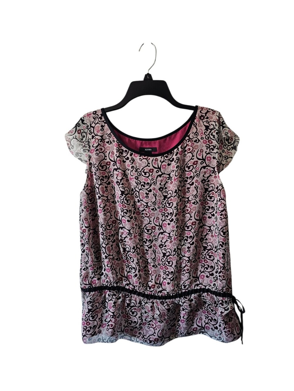 Alfani Size 8 Silk Blouse Pink Black Floral Scroll Peplum Top Cap Sleeve Sheer